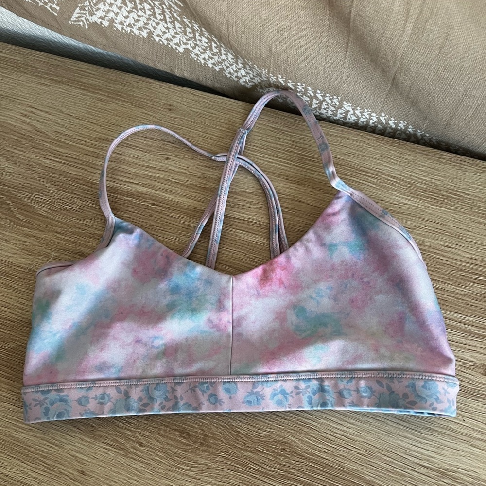 LoveShackFancy Pastel Tie-Dye Sports Bra in Pink, Blue and Cream